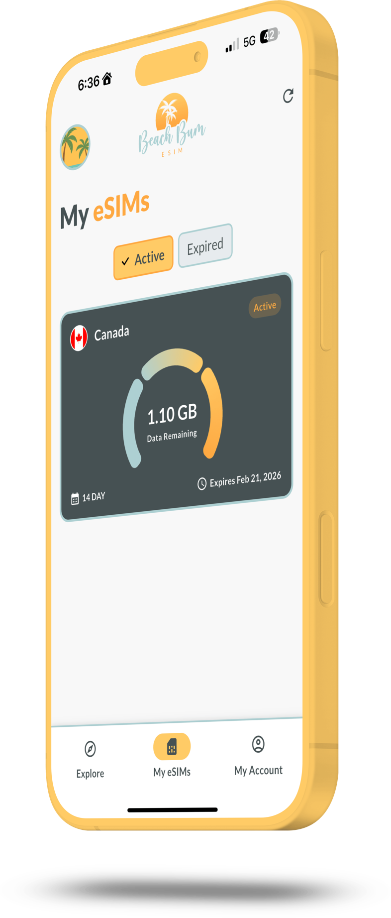 Track your active Canada eSIM with Beach Bum. See remaining data, expiry date, and manage plans easily in the app. Reliable travel connectivity in Canada.